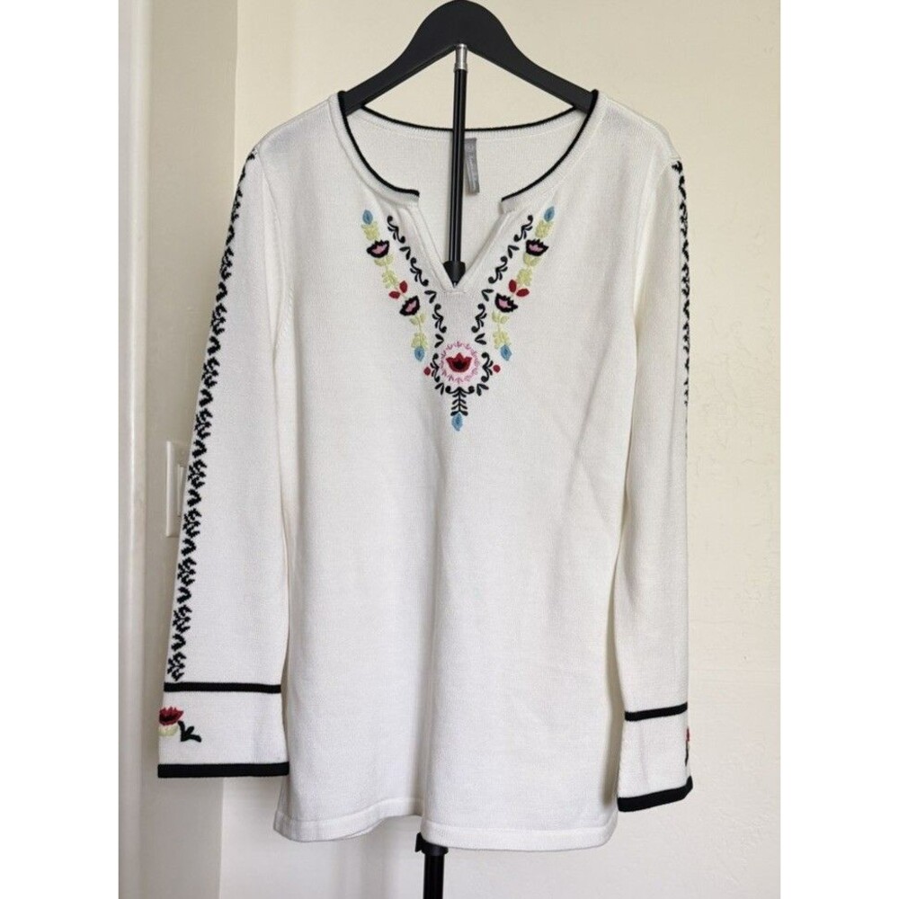 Hanna Andersson Women’s XL White Sweater 100% Cotton Embroidered Flowers Tunic